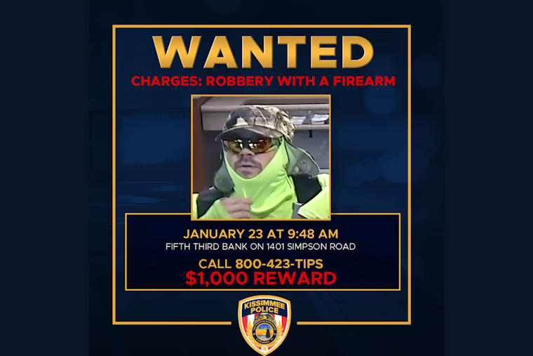 Kissimmee Police Seek Help Identifying Suspect in Armed Bank Heist, $1,000 Reward Offered