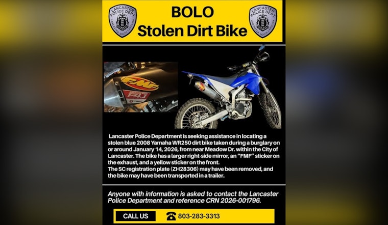 Lancaster Police Seek Public's Help to Recover Stolen Dirt Bike Amid Burglary Investigation
