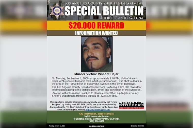Los Angeles County Sheriff Seeks Fresh Leads in 2008 Bellflower Homicide, Offers $20,000 Reward