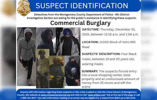 Montgomery County Police Seek Witnesses After Veirs Mill Road Commercial Burglary, Rewards Offered for Crucial Tips