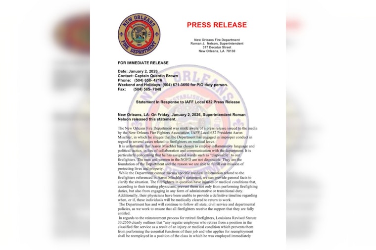 New Orleans Fire Department Superintendent Affirms Commitment to Firefighters Amid Union Dispute