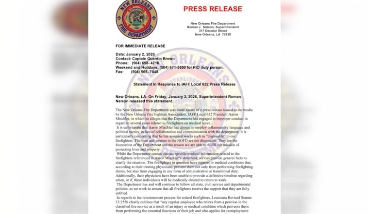 New Orleans Fire Department Superintendent Affirms Commitment to Firefighters Amid Union Dispute