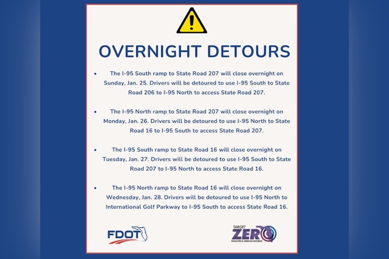 St. Augustine Drivers Alert as I-95 Exit Ramps Close Starting Sunday for Wrong-Way Detection System Tests