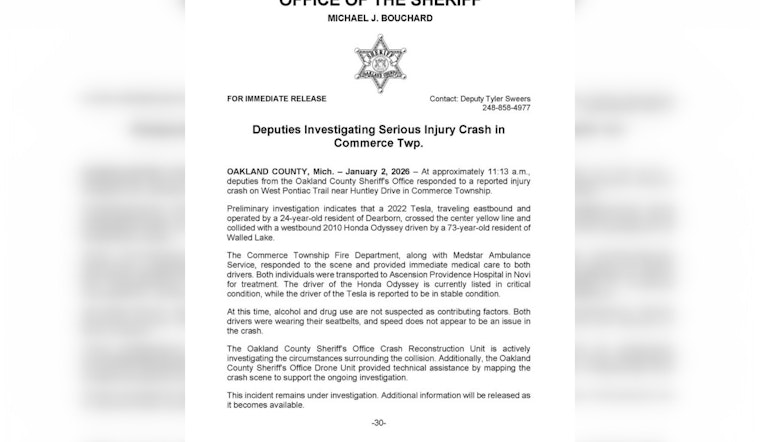 Two Hospitalized in Commerce Township Crash, Elderly Driver in Critical Condition