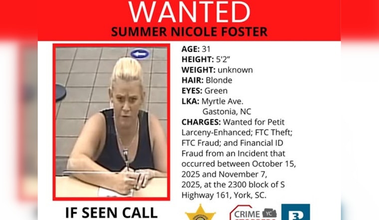 York County Sheriff's Office Seeks Suspect Summer Nicole Foster for Financial Crimes in York, SC