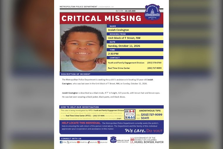 DC Police Search for Missing 10-Year-Old Josiah Covington, Last Seen on T Street NW