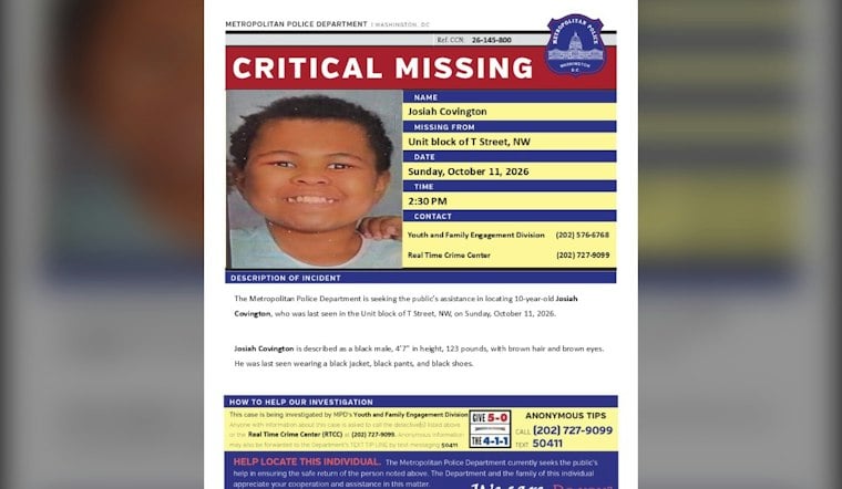 DC Police Search for Missing 10-Year-Old Josiah Covington, Last Seen on T Street NW