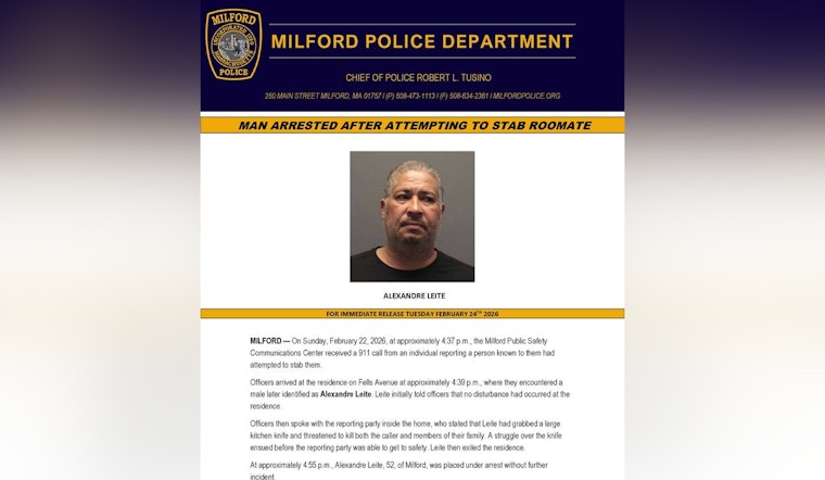 Police Say Milford Roommate Knife Clash Ends in Attempted Murder Charge