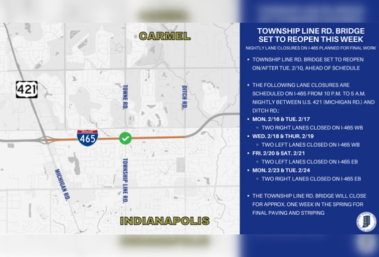 Township Line Road Bridge to Reopen Early, Boosting Marion and Hamilton County Commuters