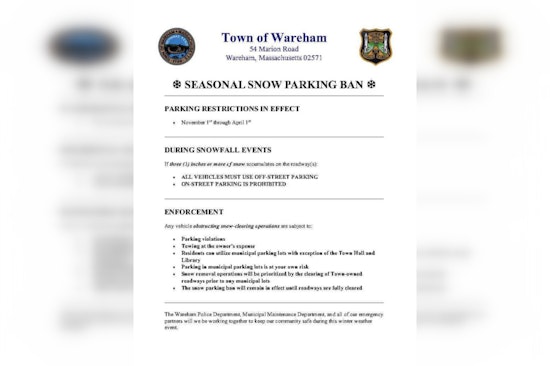 Wareham Slaps Snow Parking Ban On Streets As Blizzard Warning Looms
