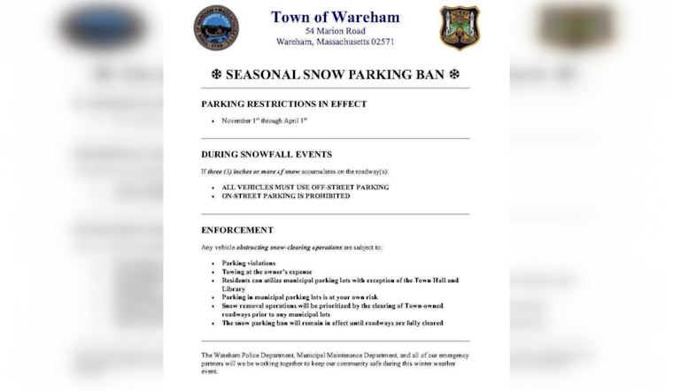 Wareham Slaps Snow Parking Ban On Streets As Blizzard Warning Looms