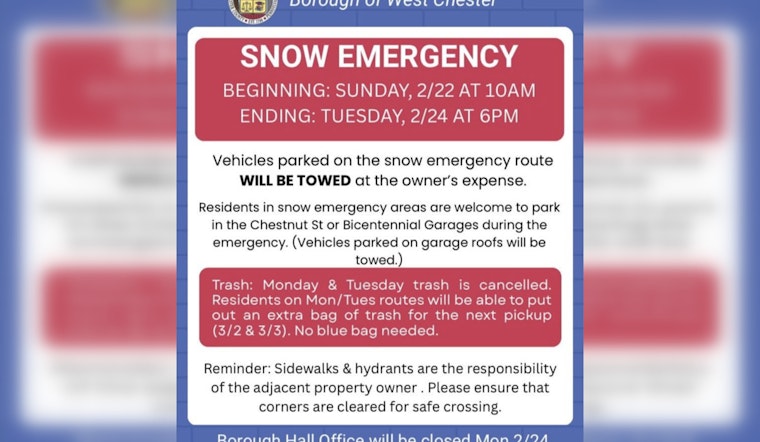 West Chester Orders Cars Off Snow Routes as Long Storm Rolls In
