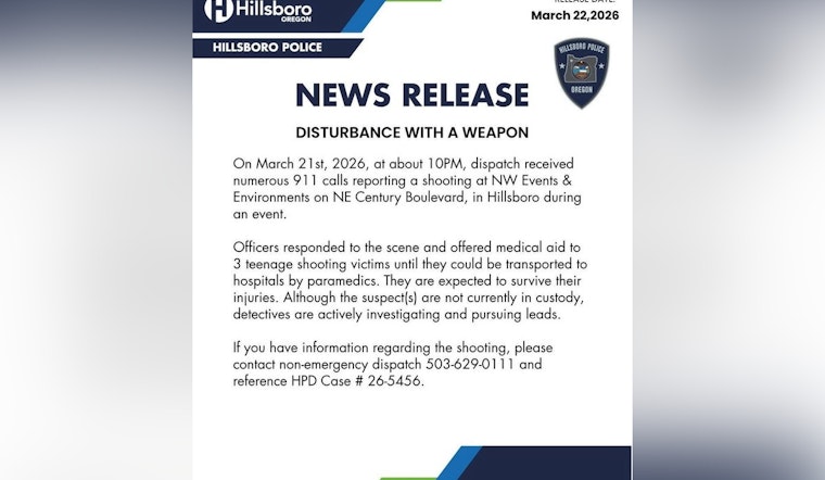 Gunfire Rocks Hillsboro Event Hall, Three Teens Hit In Saturday Night Chaos