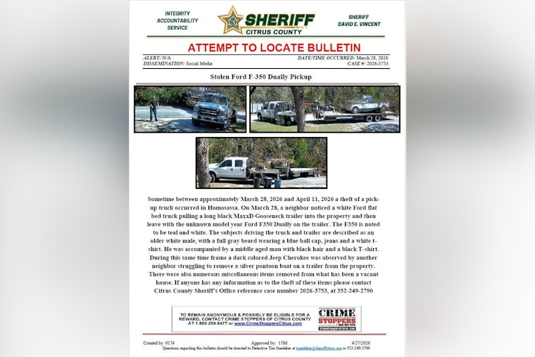 Homosassa Truck Rustlers Roll Off With Ford F-350, Botch Boat Grab
