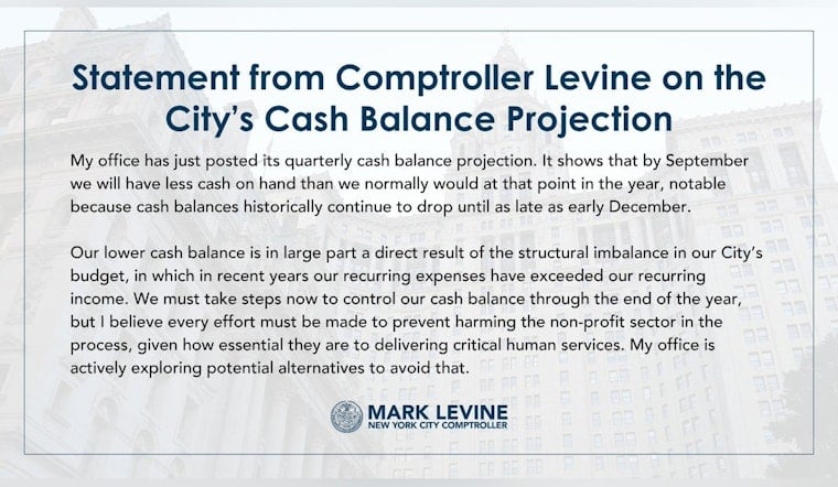 NYC Cash Crunch Looms as Comptroller Warns of September Squeeze