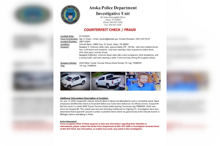 Atoka Cops Hunt Duo Behind Botched Bank Check Caper
