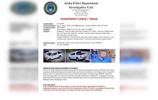 Atoka Cops Hunt Duo Behind Botched Bank Check Caper