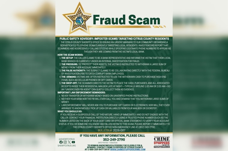 Citrus County Residents Warned About Bogus ‘Undercover FBI’ Bank Scam