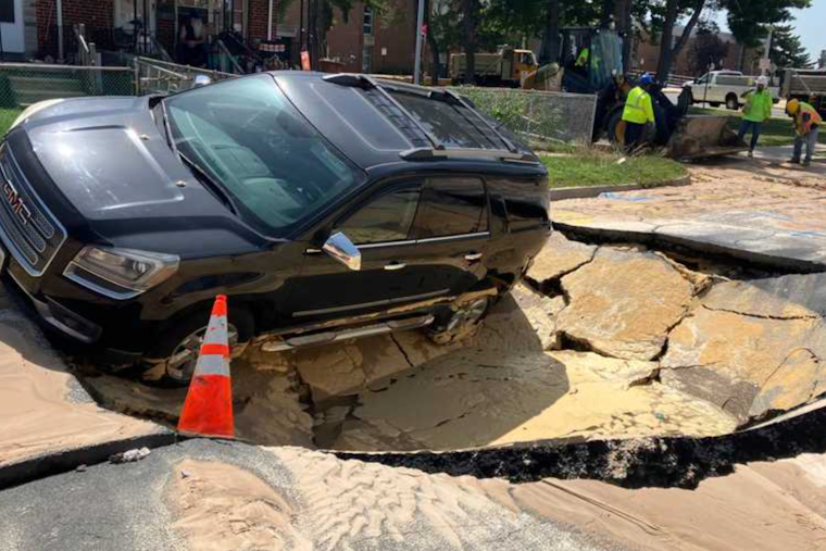Dundalk Street Rips Open, Car Left Stuck In Sudden Sinkhole