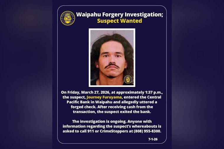 Waipahu Bank Hit by Suspected Check Scam, Cops Hunt Cash-Out Suspect