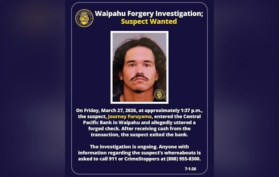 Waipahu Bank Hit by Suspected Check Scam, Cops Hunt Cash-Out Suspect