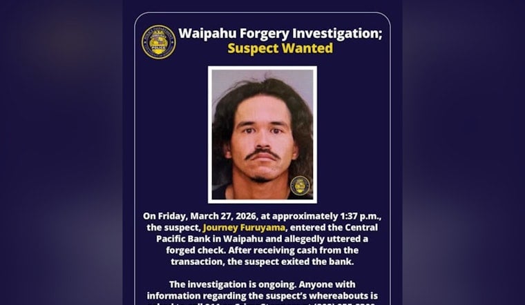 Waipahu Bank Hit by Suspected Check Scam, Cops Hunt Cash-Out Suspect