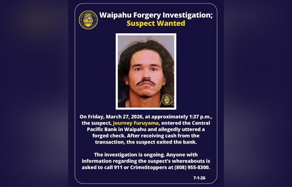 Waipahu Bank Hit by Suspected Check Scam, Cops Hunt Cash-Out Suspect