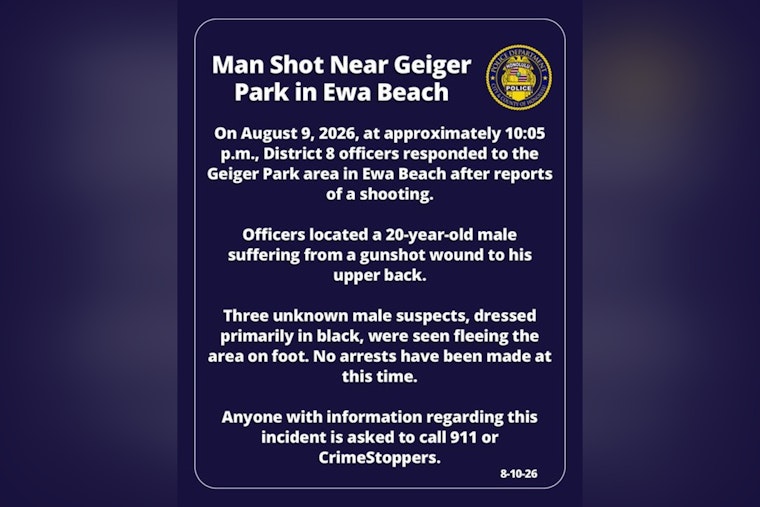20-Year-Old Shot in Back at Ewa Beach Park, Three Suspects Vanish