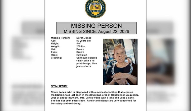 80-Year-Old Norah Jones Vanishes in Downtown Honolulu, Needs Medication
