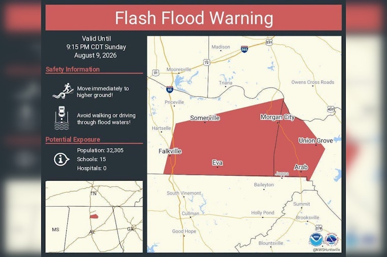 Flash Flood Warning Hits Arab, Falkville and Somerville, Puts 32,000 at Risk