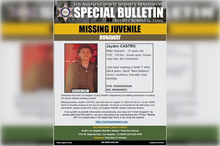 Lawndale Teen Jayden Castro Missing Since Aug. 10, Sheriff’s Detectives Appeal for Tips