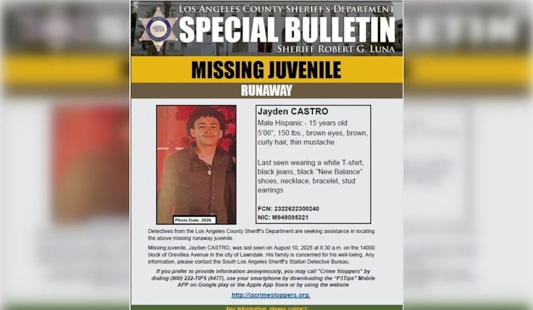 Lawndale Teen Jayden Castro Missing Since Aug. 10, Sheriff’s Detectives Appeal for Tips