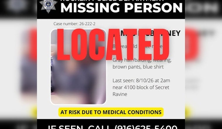 Missing Rocklin Man, 81, Found Safe Near Secret Ravine After Overnight Search