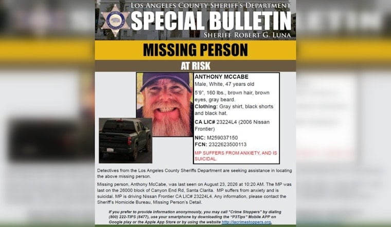 Santa Clarita Search Underway for Suicidal Man Anthony McCabe, 47