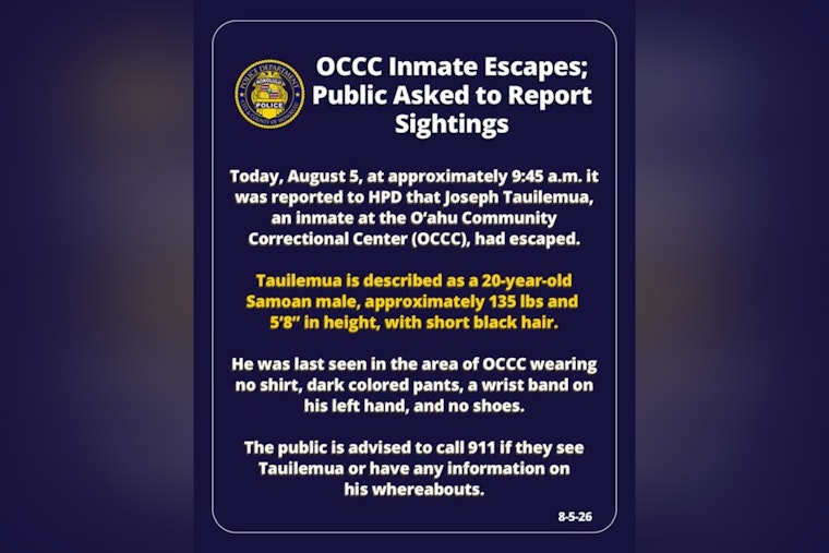 Shirtless Inmate Vanishes From Overcrowded Oahu Jail, Police Beg for Tips