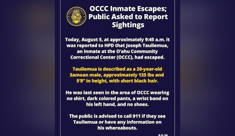 Shirtless Inmate Vanishes From Overcrowded Oahu Jail, Police Beg for Tips