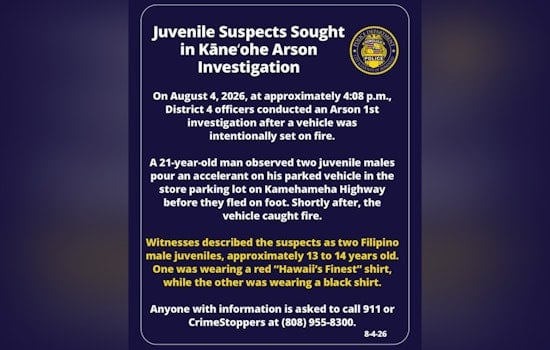 Teen Firebugs Sought After Car Torched in Kāneʻohe Shopping Center Lot, Honolulu Cops Say