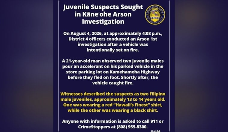 Teen Firebugs Sought After Car Torched in Kāneʻohe Shopping Center Lot, Honolulu Cops Say