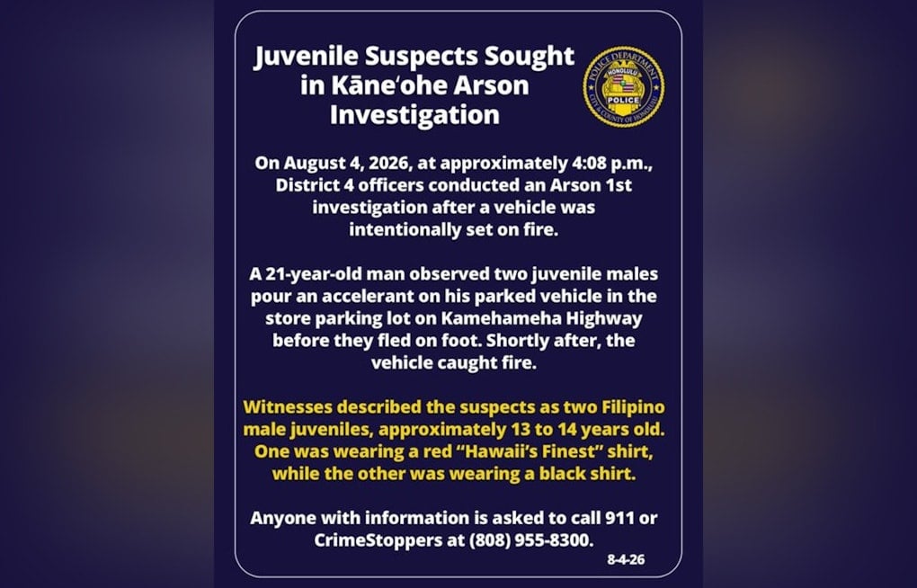 Teen Firebugs Sought After Car Torched in Kāneʻohe Shopping Center Lot, Honolulu Cops Say