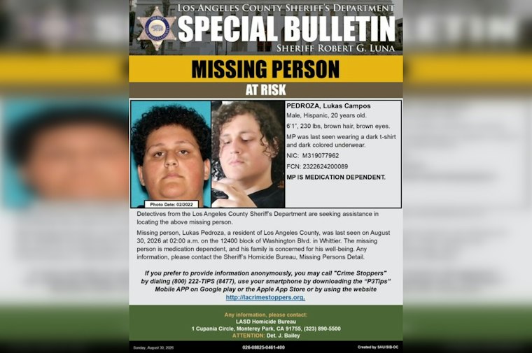 Whittier Search Grows for Medication-Dependent Man, 20, Missing Since 2 A.M.