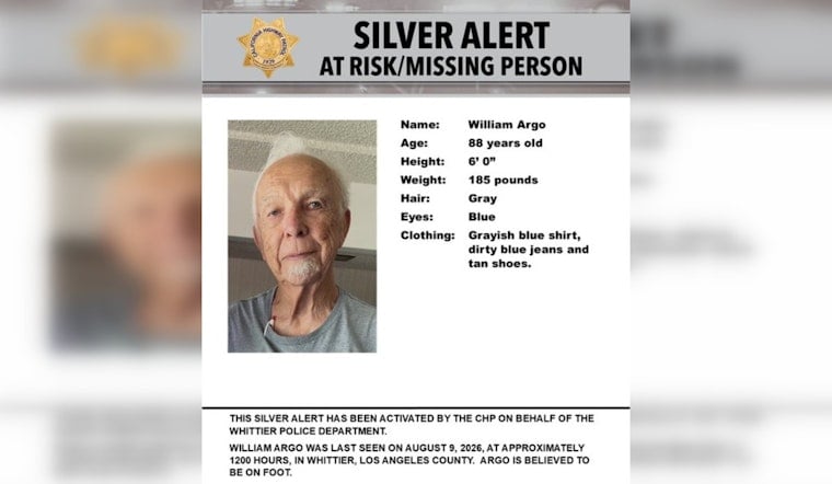 Whittier Silver Alert Seeks 88-Year-Old William Argo, Missing on Foot