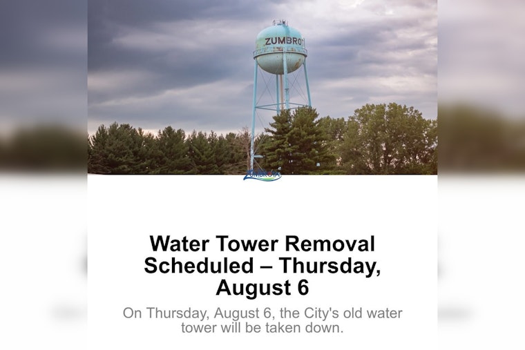 Zumbrota Water Tower Falls This Week, Ending 55 Years Along Highway 52