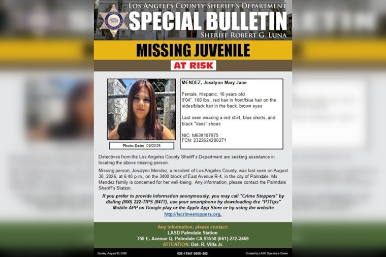 Palmdale Deputies Search for Missing 16-Year-Old Josalynn Mendez, Last Seen Saturday