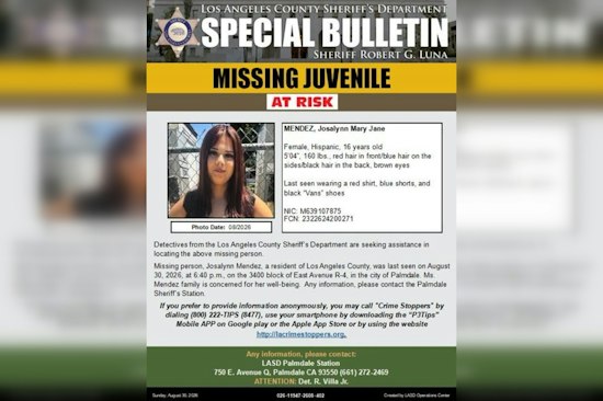 Palmdale Deputies Search for Missing 16-Year-Old Josalynn Mendez, Last Seen Saturday