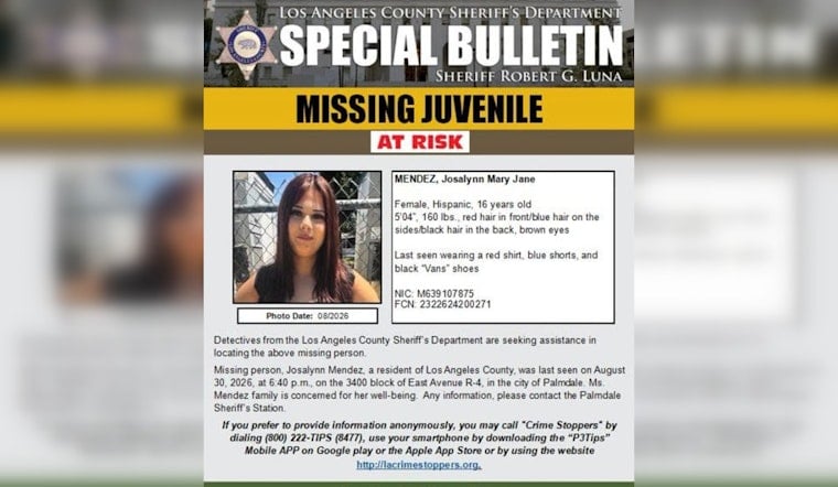 Palmdale Deputies Search for Missing 16-Year-Old Josalynn Mendez, Last Seen Saturday