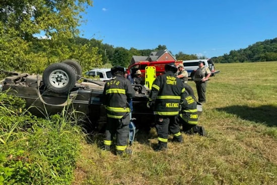 Rollover Off Bud Moore Lane Traps Driver, Crews Rush Tools by Staff Car