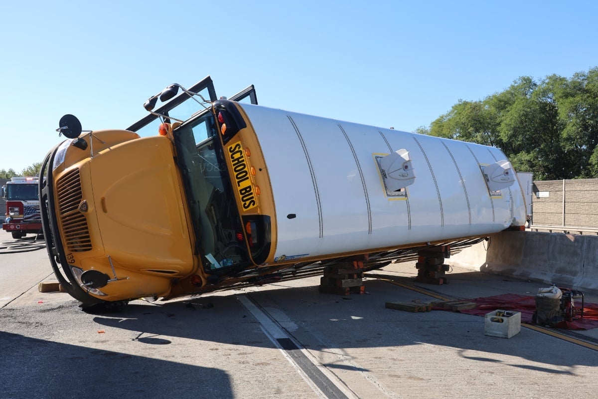 School Bus Flips on I-465 in Indianapolis, 24 Fifth-Graders Aboard