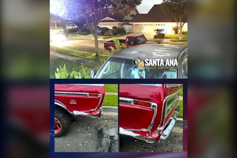 White Sedan Rear-Ends Parked Classic Truck in Santa Ana, Speeds Off
