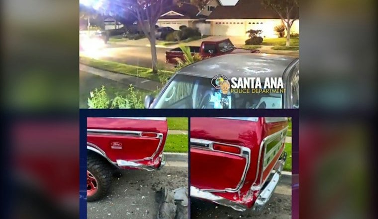 White Sedan Rear-Ends Parked Classic Truck in Santa Ana, Speeds Off