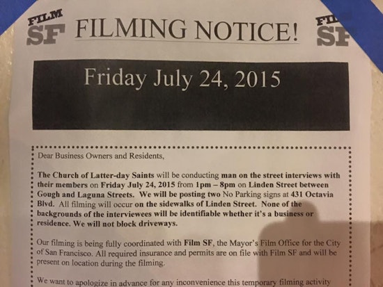 FYI: Mormons Filming In Hayes Valley On Friday